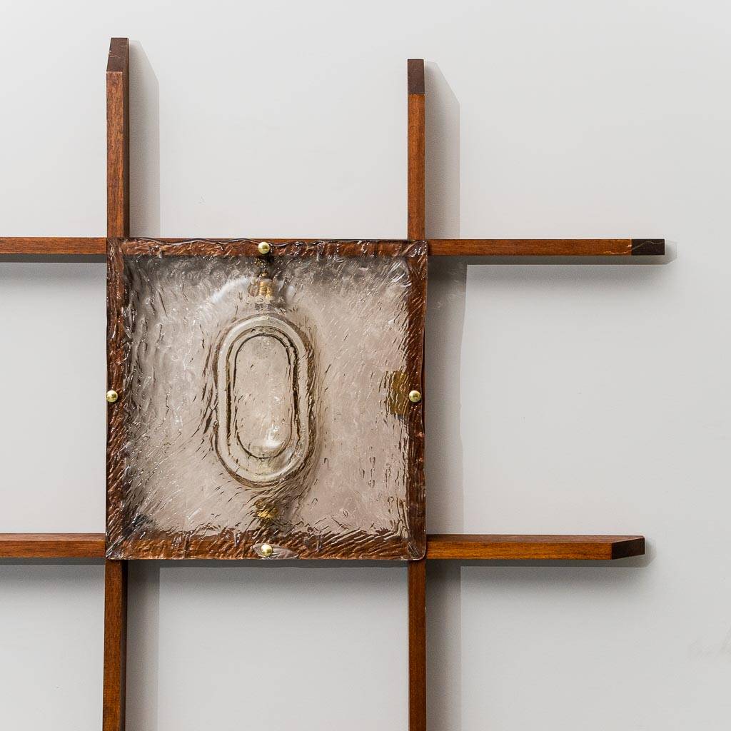 2-light wall lamp with teak grid frame mazzega 1960s vintage modern antique