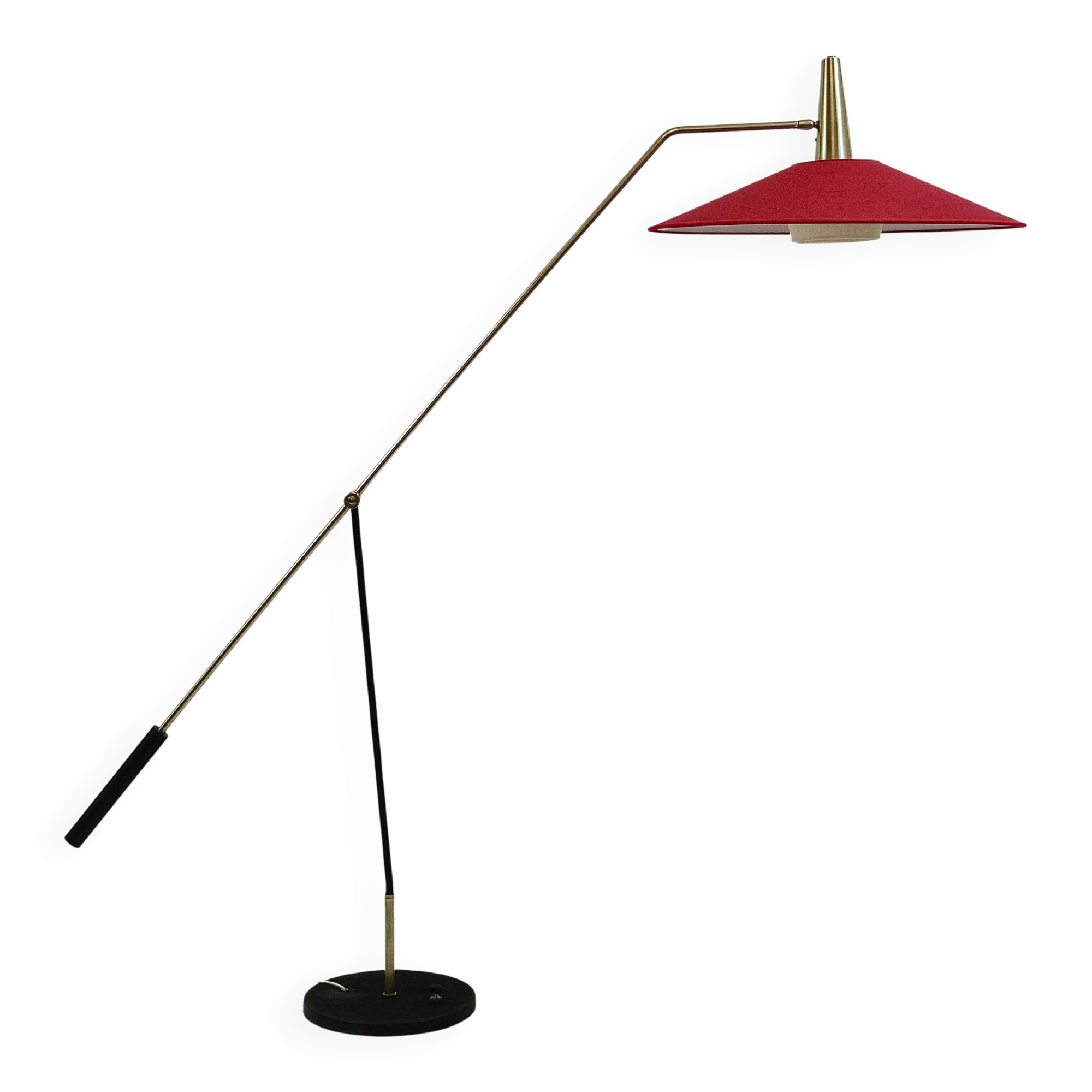 Articulated floor lamp with counterweight mid-century by Rupert Nikoll, nickel, brass.