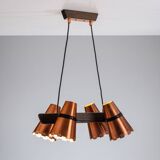 Ceiling lamp in dark stained wood with four brass shades, Sweden, 1960s
