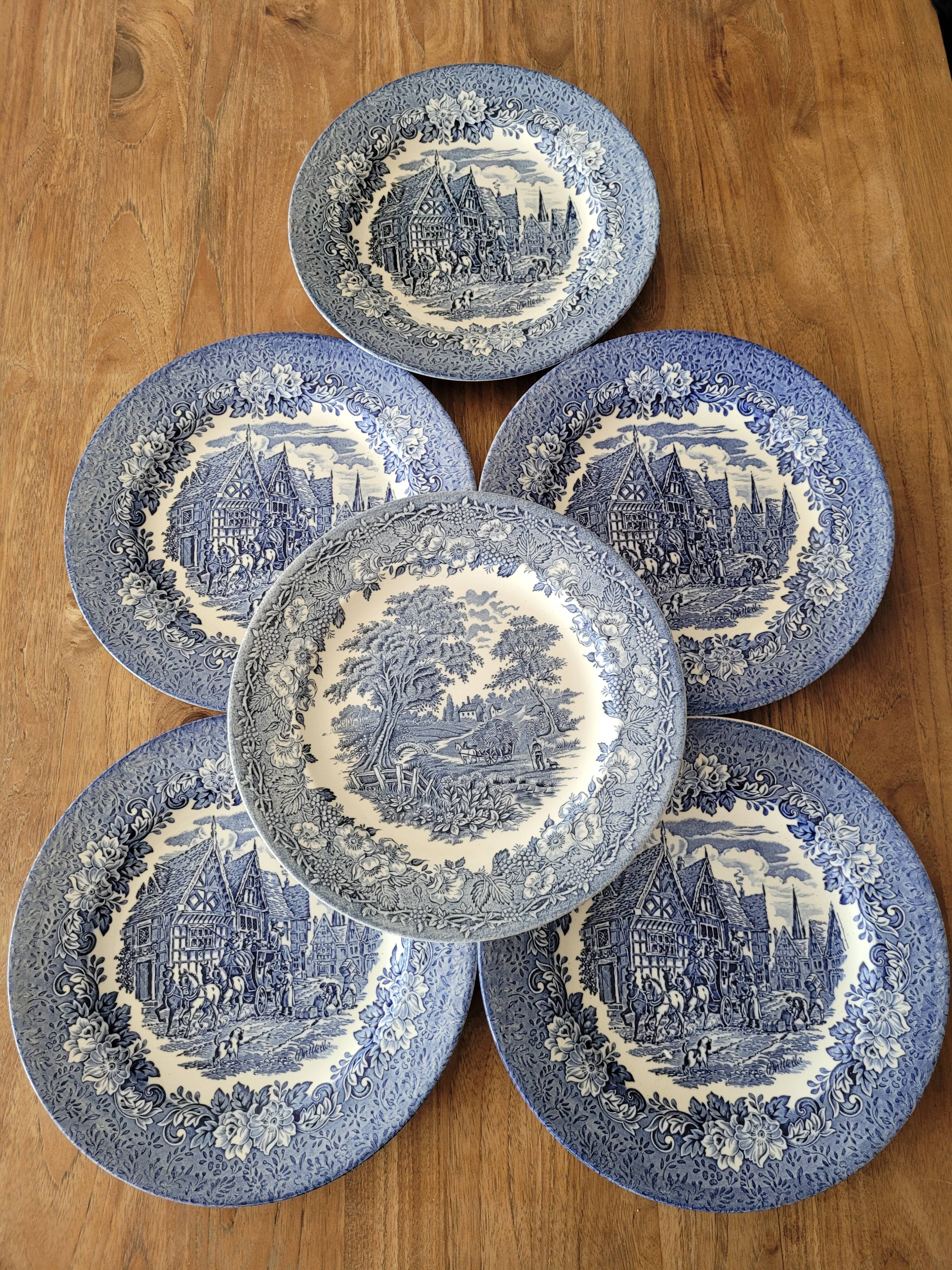6 blue plates made in england