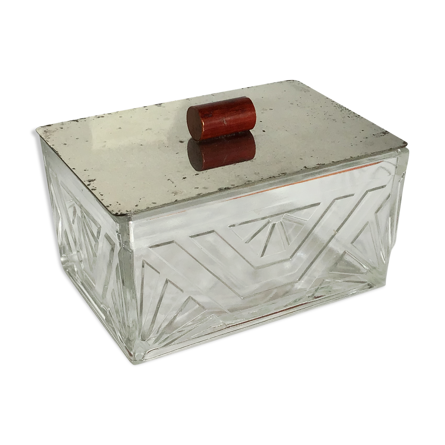 Art Deco box molded glass lid metal mirror