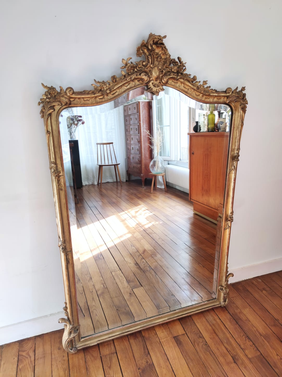 Large gilded mirror louis XV rockery  142x99cm