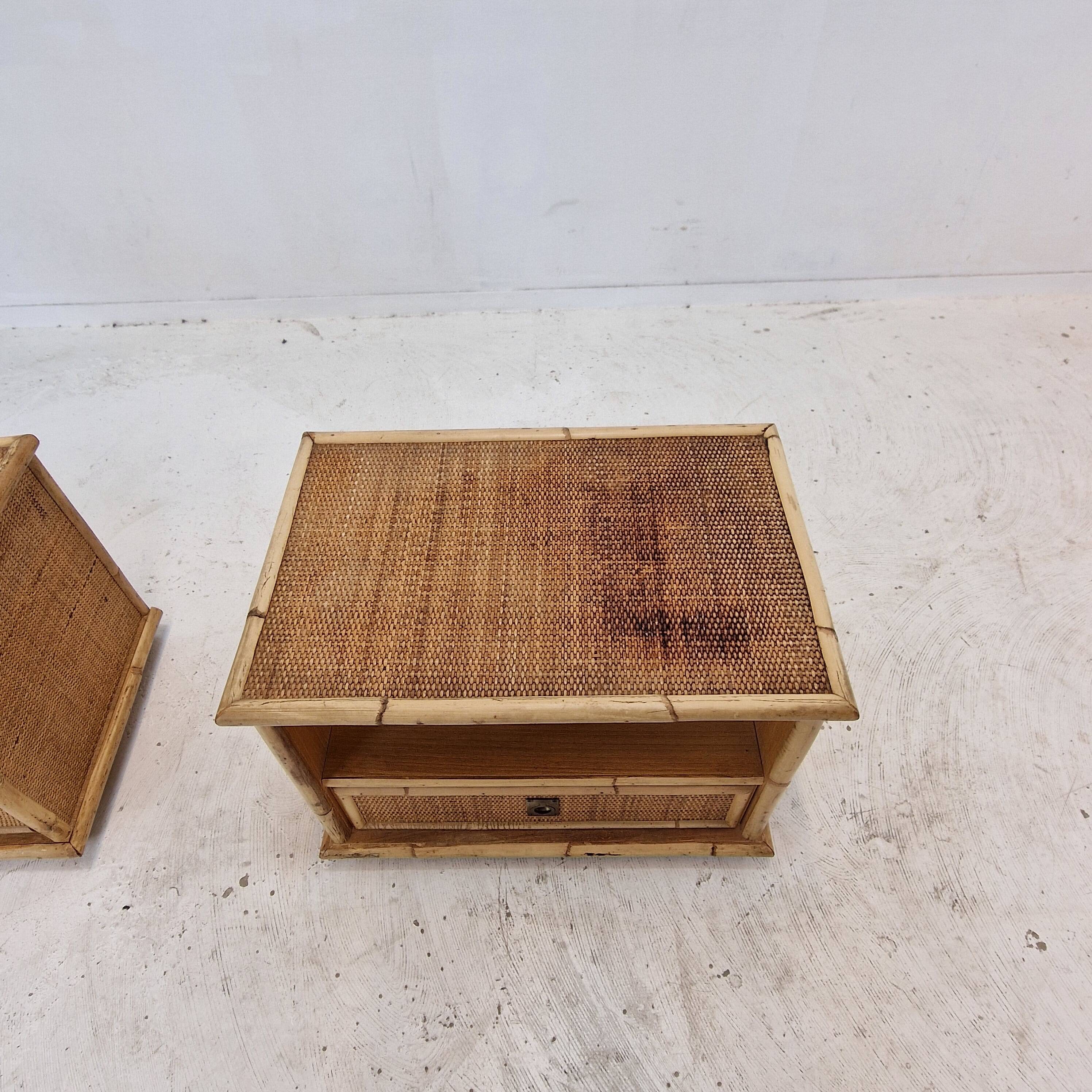 Bamboo and Rattan Pair of Bedside Tables Nightstands by Dal Vera, Italy 1970s