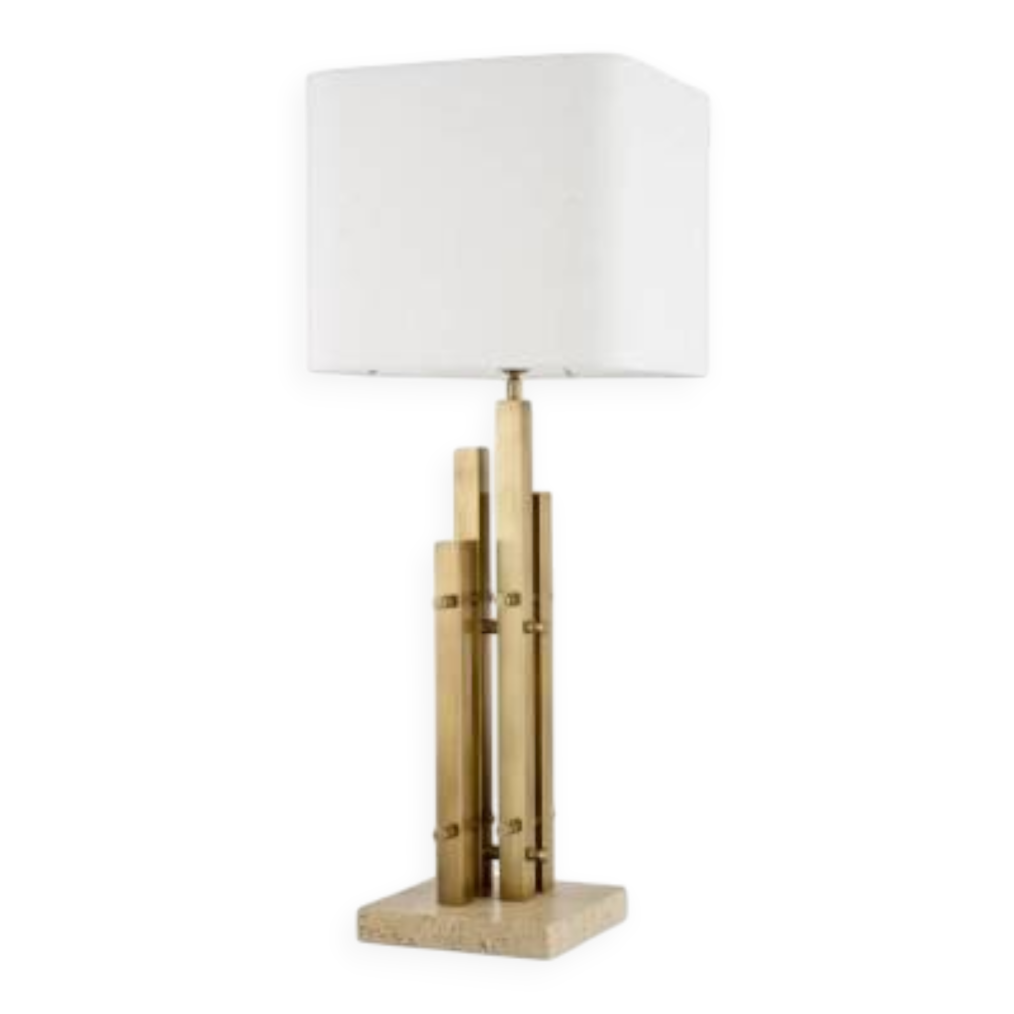 Pair of modern table lamps, vintage brass finish, travertine base.