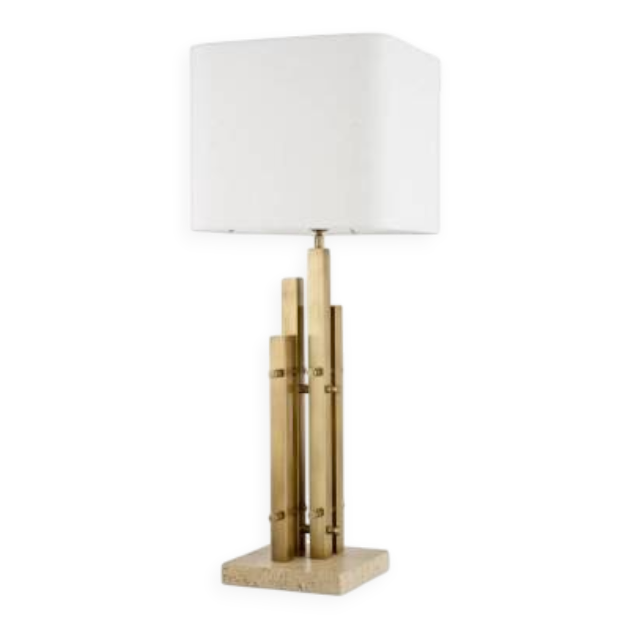 Paire de lampes de table modernes, finition laiton vintage, base en travertin.