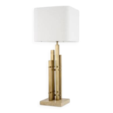 Pair of modern table lamps, vintage brass finish, travertine base.