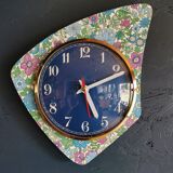 Vintage formica clock silent asymmetrical wall pendulum "Blue purple green flowers"