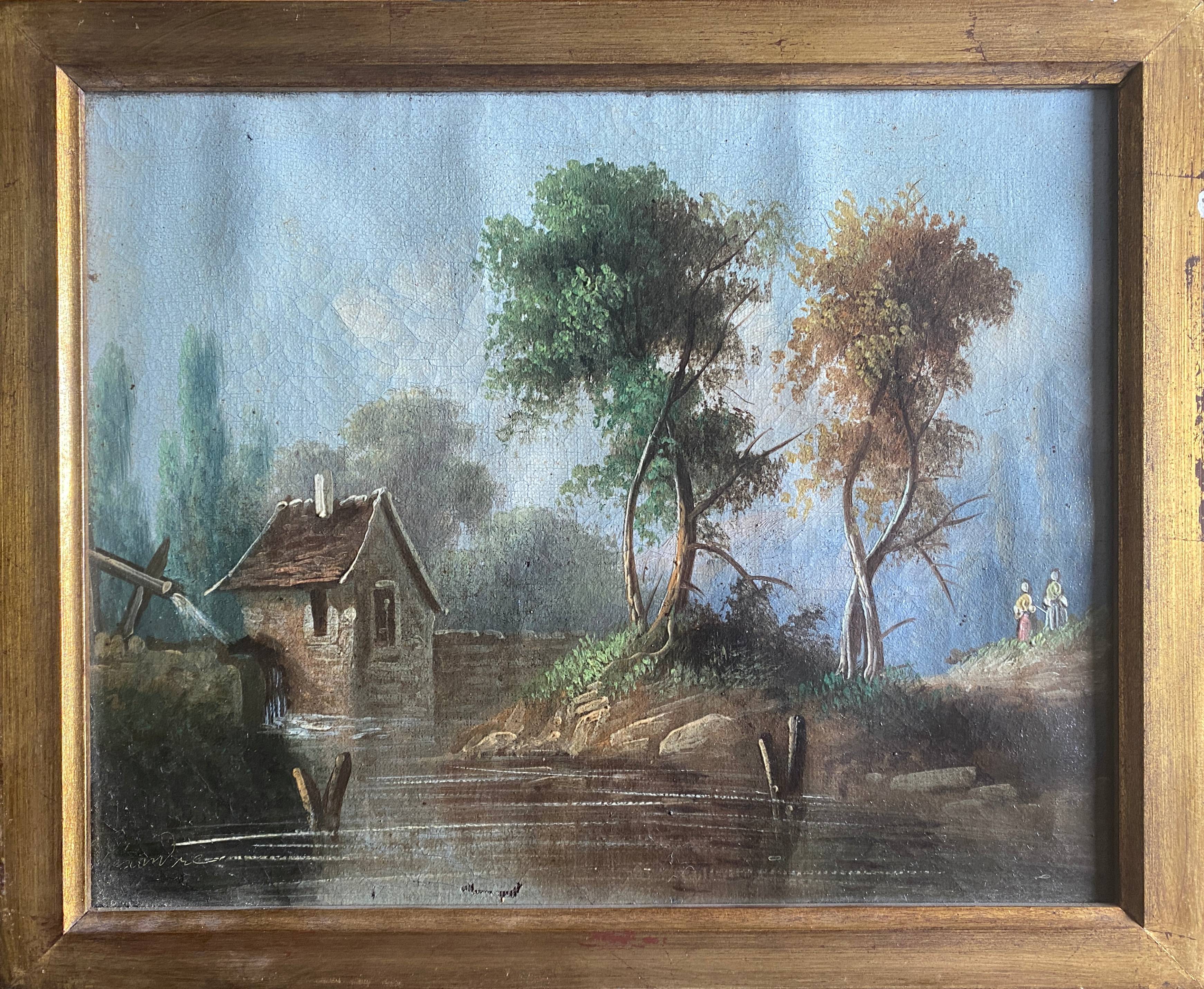 HST/P painting "Animated Barbizon landscape at the river" signed to be restored 19th century