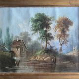 HST/P painting "Animated Barbizon landscape at the river" signed to be restored 19th century