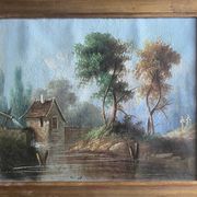 HST/P painting "Animated Barbizon landscape at the river" signed to be restored 19th century