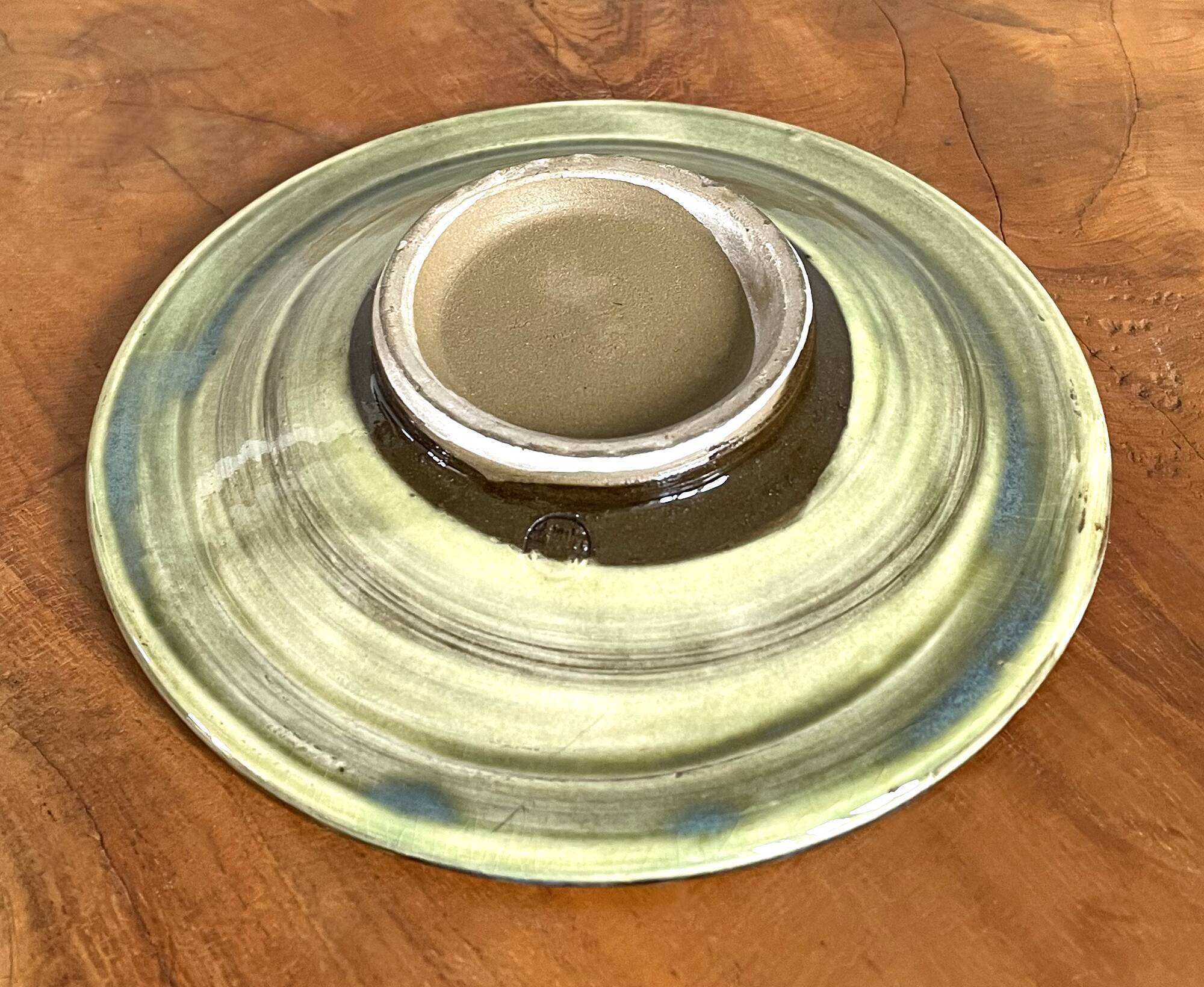 Onta-yaki ware - green and white ceramic teacup with saucer - japanese traditional handmade pottery
