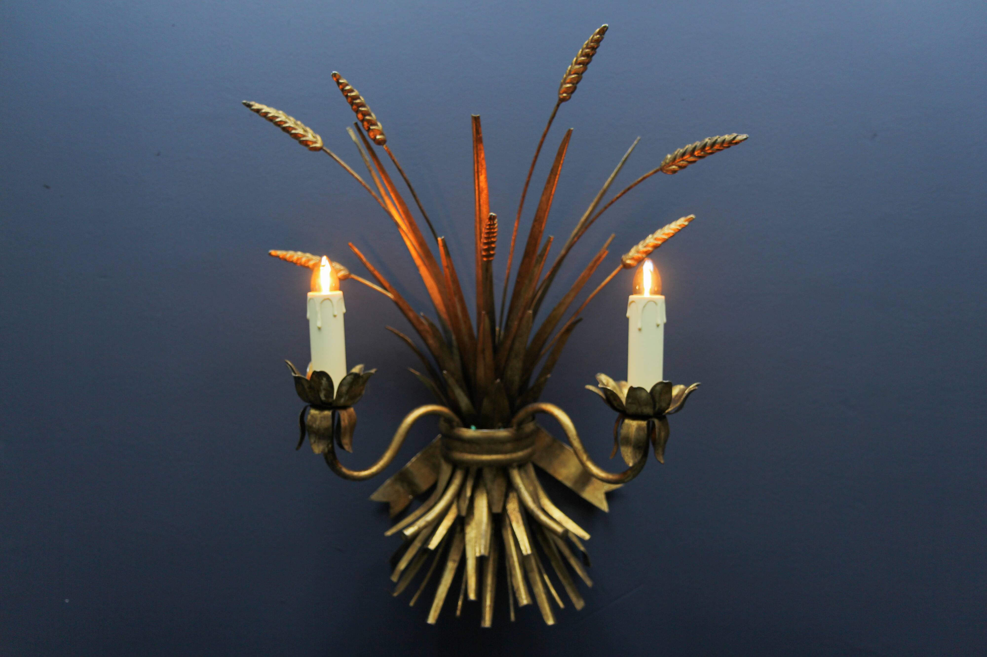 Gilt metal wheat sheaf two-light wall sconce