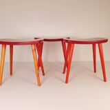 Swedish stools in red lacquered birch, Yngve Ekström "Palle", 1970s