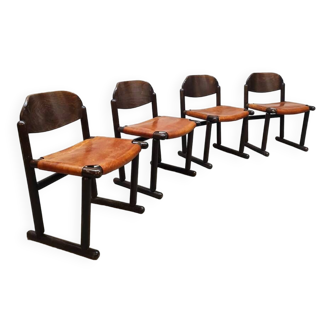 Vintage brutalist wooden leather chairs 1970s