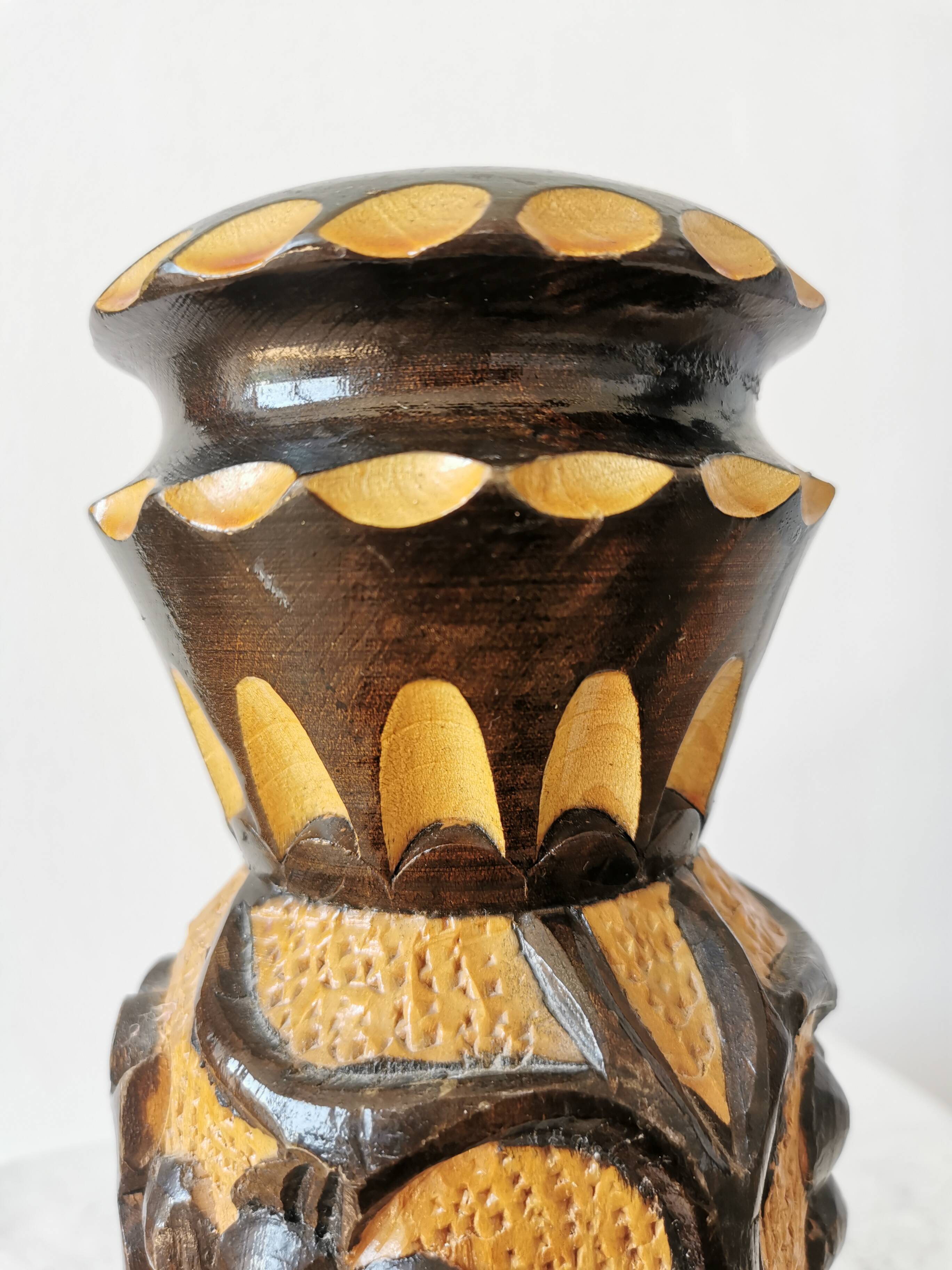 Vintage Hand Carved Wooden Vase: Grapevine Motif, 1970s Yugoslavia