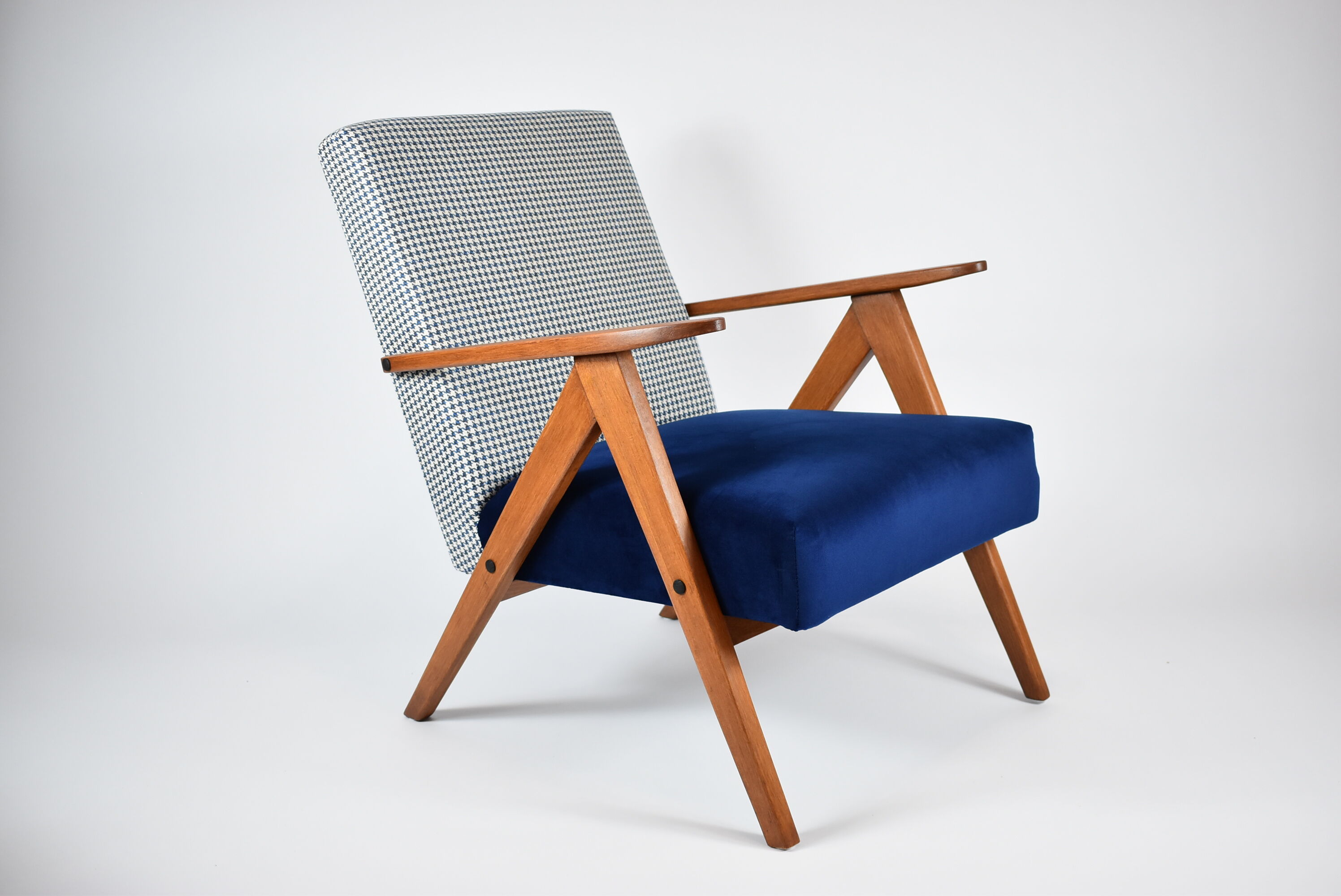 Original armchair compas, pied de poule, blue velvet, 1960s, restored