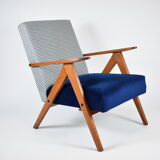 Original armchair compas, pied de poule, blue velvet, 1960s, restored