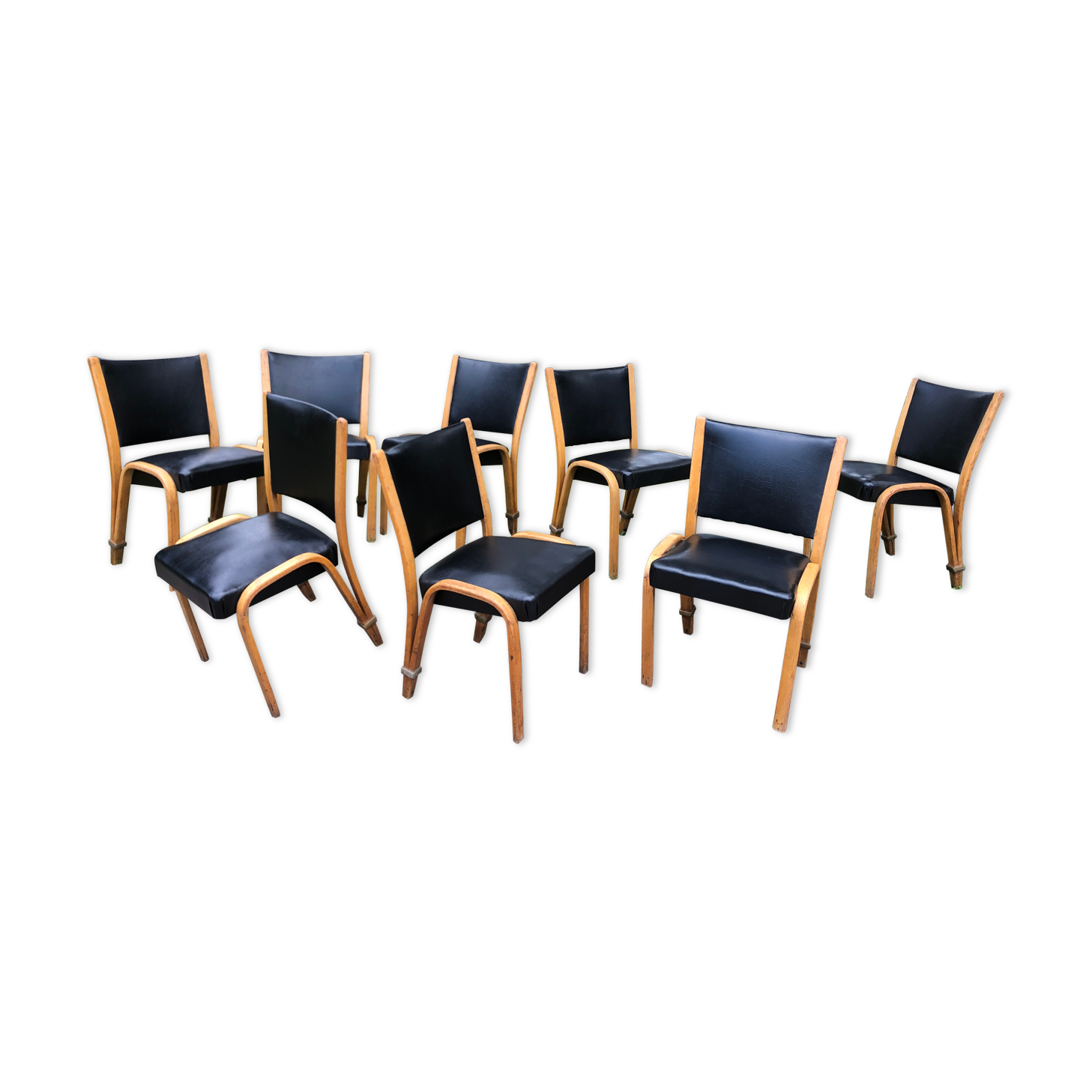 Suite of 8 bow wood chairs by William Von Bode publisher Steiner 1950