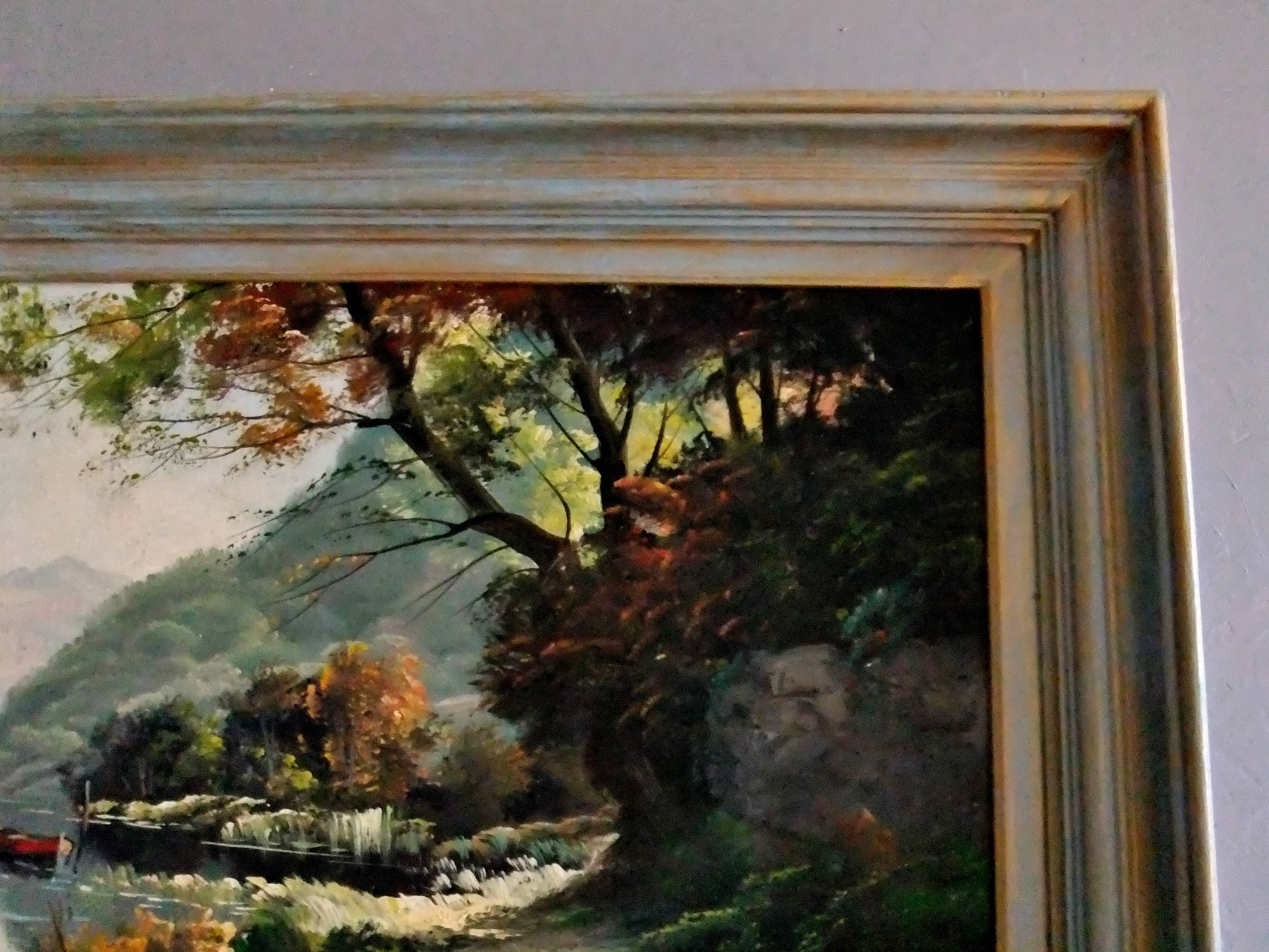Oil painting landscape signed Vernon Gustavian blue and gold frame