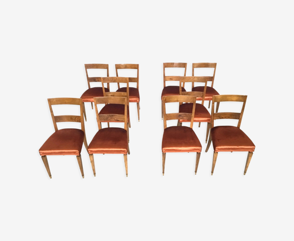 Ensemble de dix chaises de salle à manger vintage en noyer avec rembourrage en tissu de cuivre, Italie