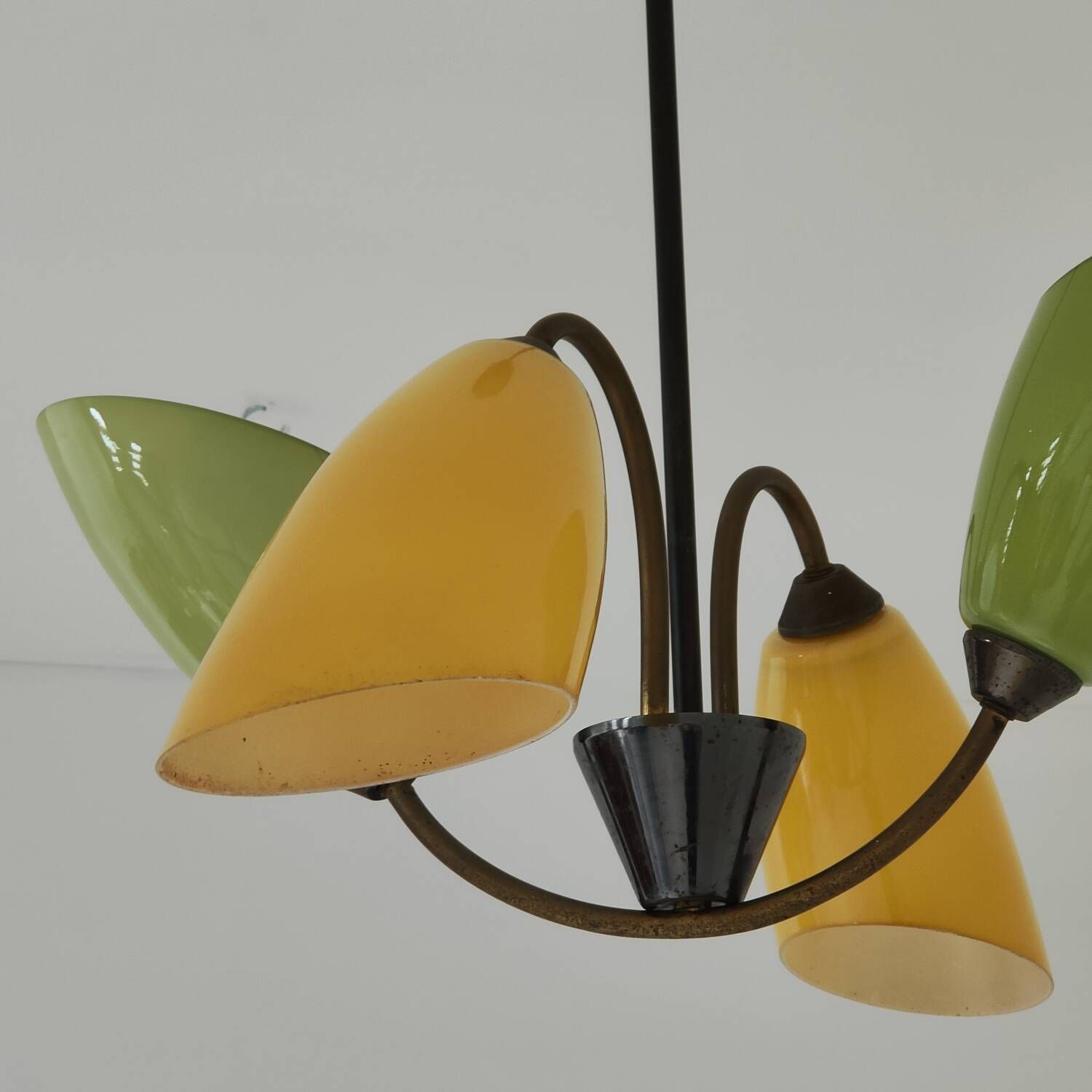 Brass and glass chandelier 4 yellow and green lights from the 60s