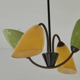 Lustre laiton et verre 4 feux jaune et vert année 60