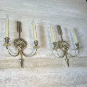 Pair of Two-Arm Bronze Wall Lights with Arrow and Mask Decoration