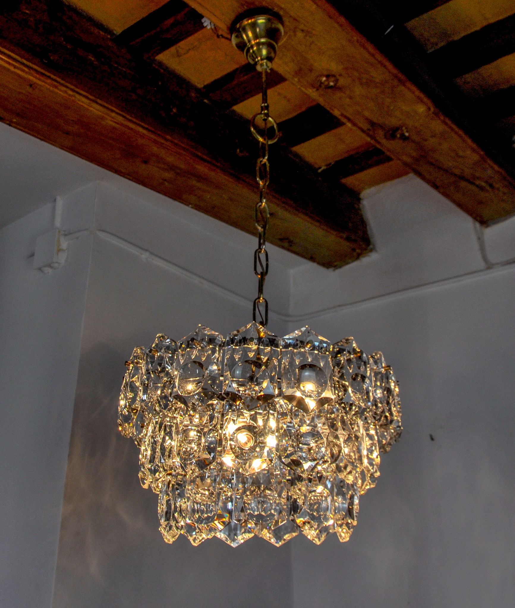 Golden Kinkeldey chandelier, cut glass, 3 levels, Germany, 1970