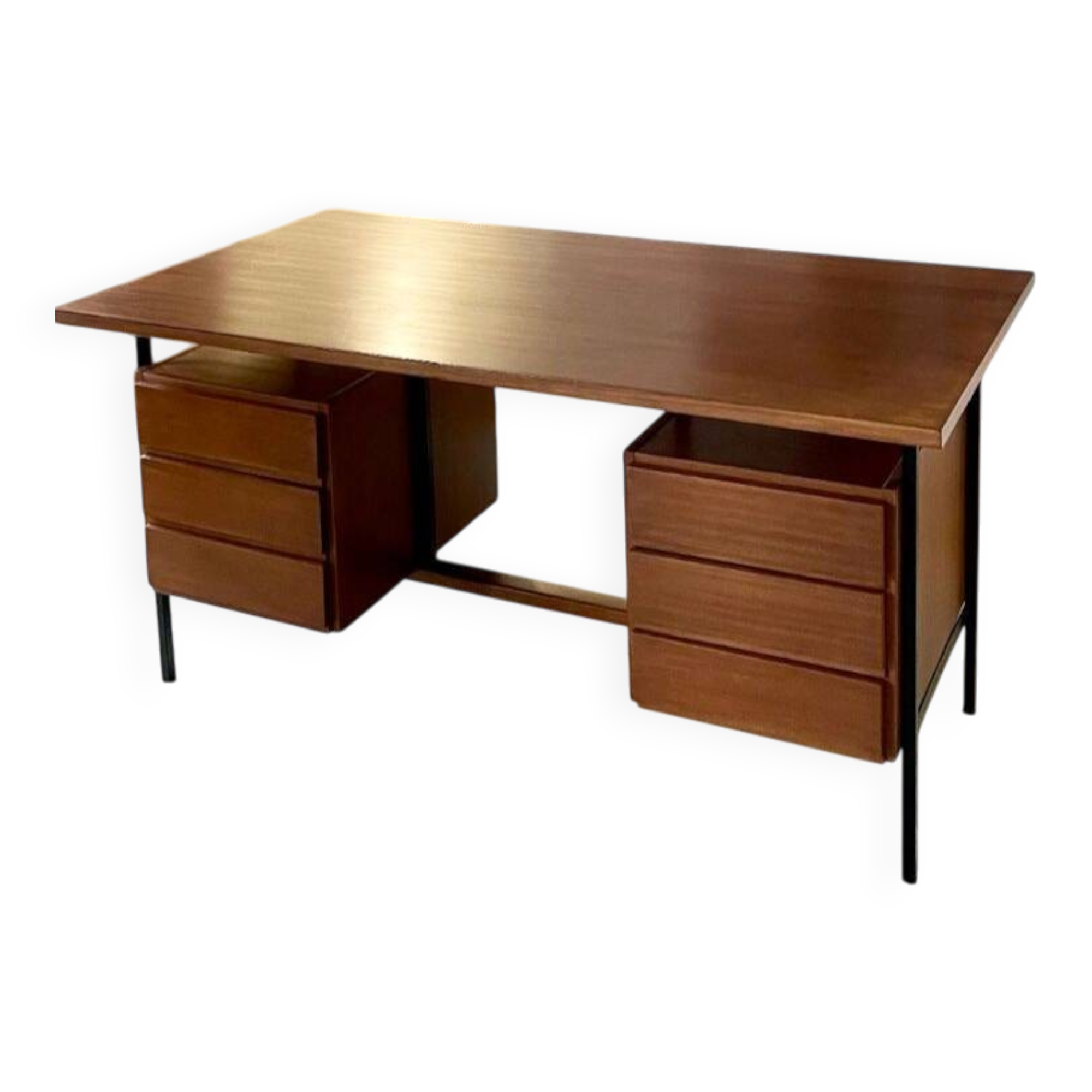 Vintage modernist desk in wood and black with 6 drawers