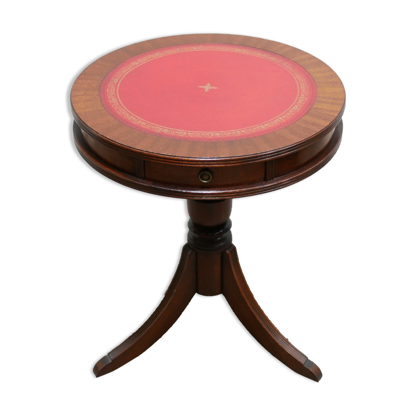 Vintage English pedestal table in wood and leather