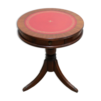 Vintage English pedestal table in wood and leather