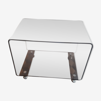 Table basse ou d’appoint design David Lange 1970 vintage plexiglas fumé roulante meuble TV HFI