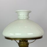 Kerosene lamp of brass with white opaline glass shade and orange glass stem, 1860s