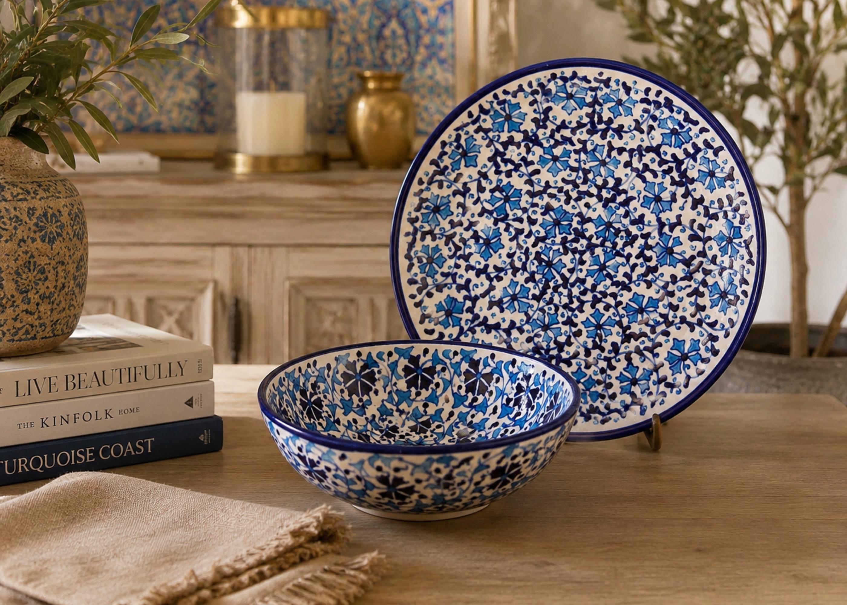 Handcrafted Turkish Ceramic Bowl and Plate Set, Blue Floral Iznik Plate