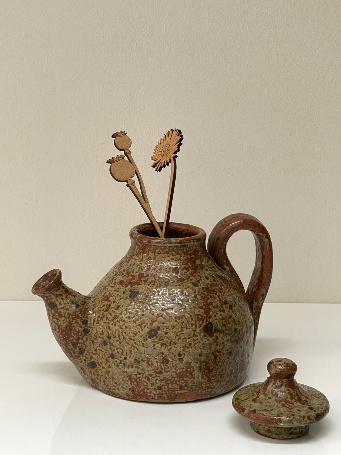 Vintage glazed ceramic sculptural teapot from the 1970s.
