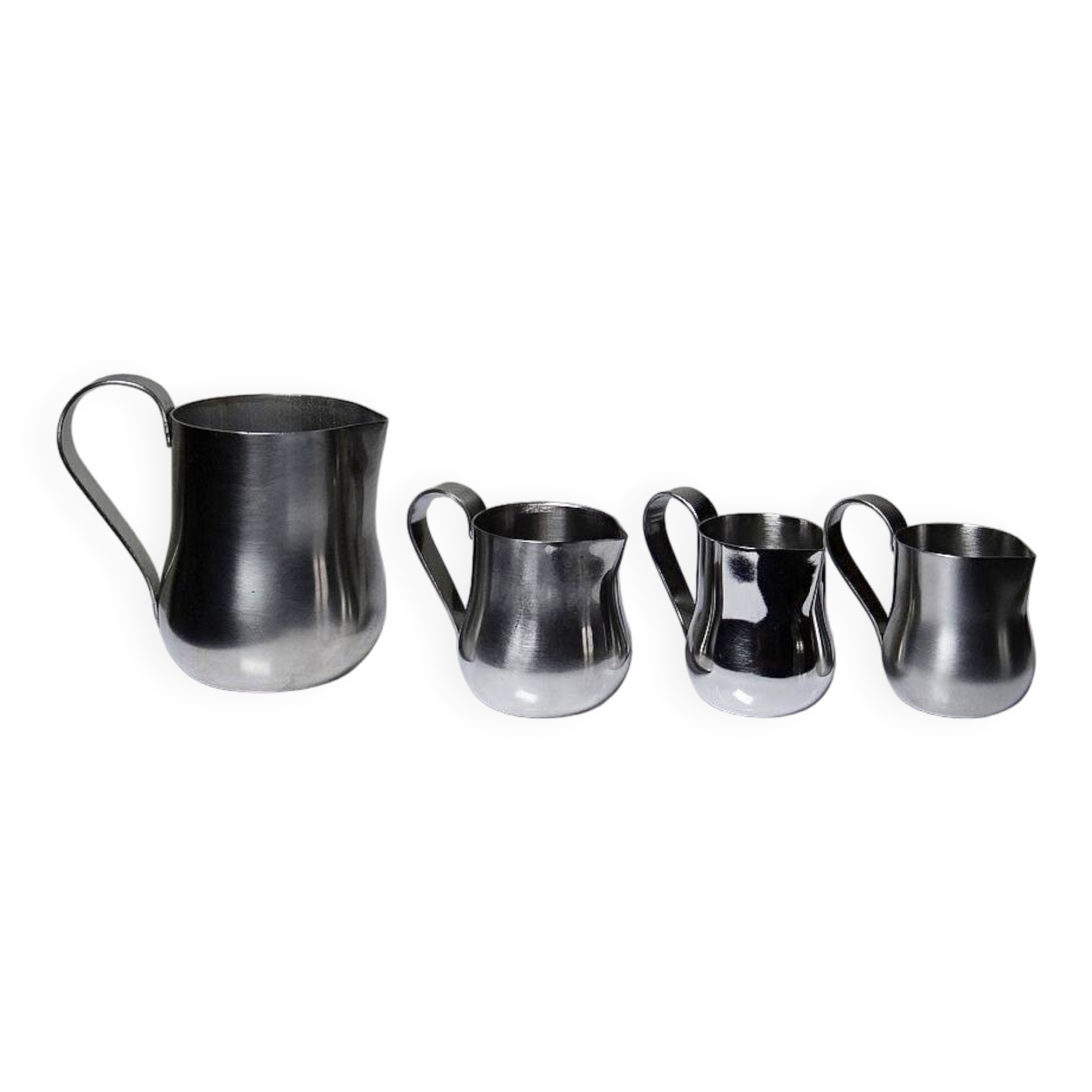 Set of 4 vintage bar measures in brushed stainless steel from the 60s-70s.