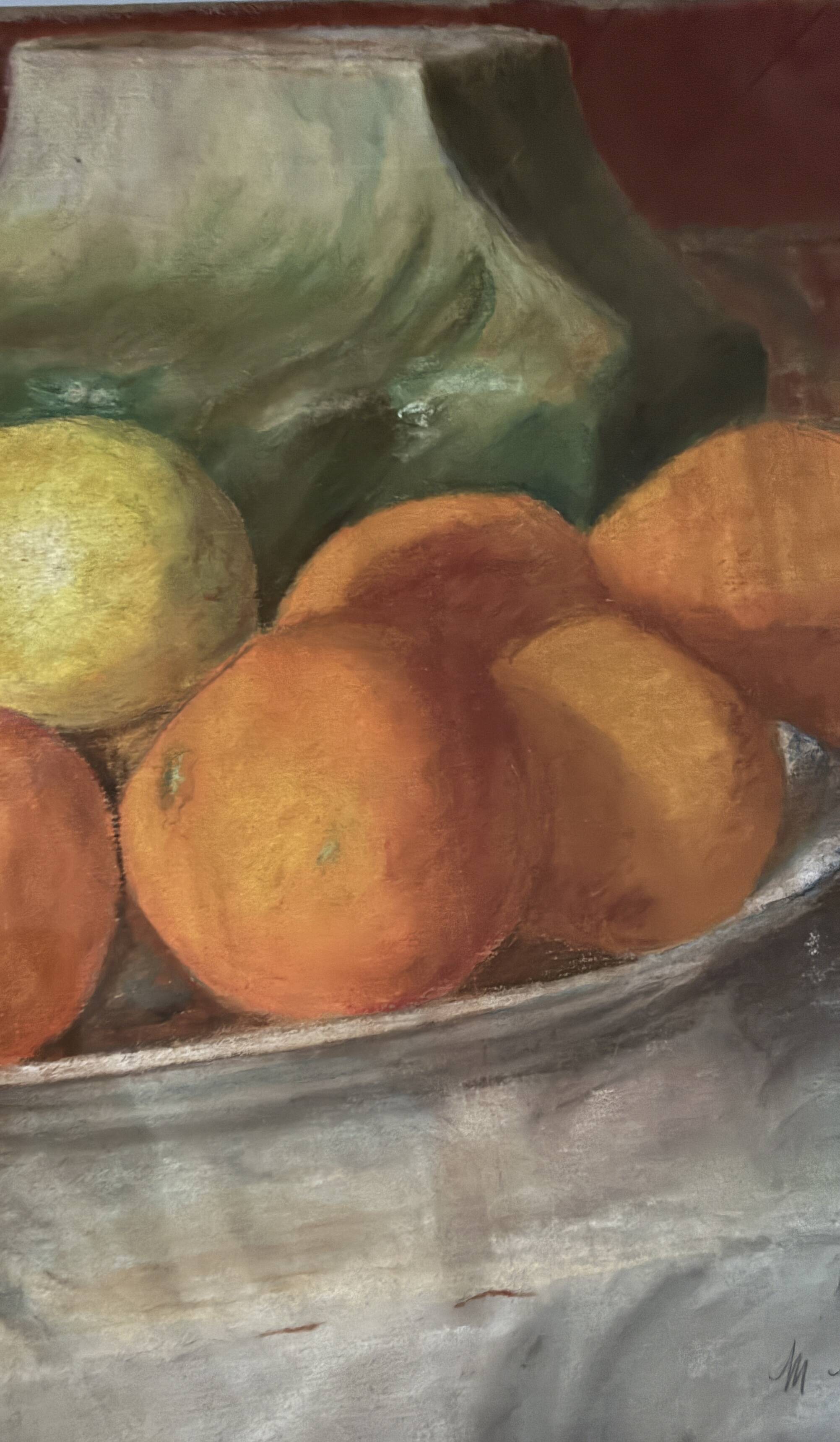 Old painting pastel still life with citrus fruits