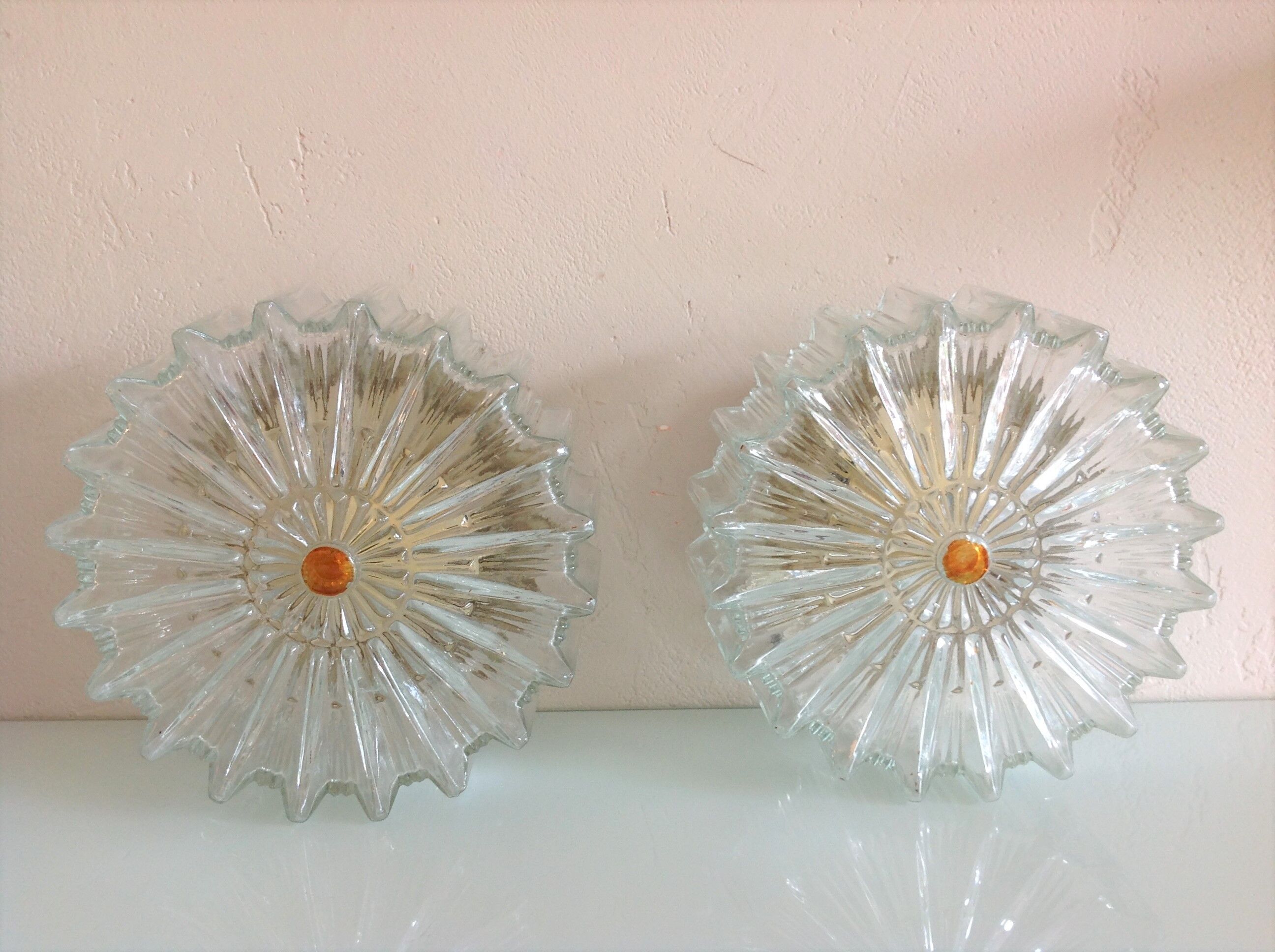 Paire de plafonniers ronds en verre structuré / vintage  années 60-70