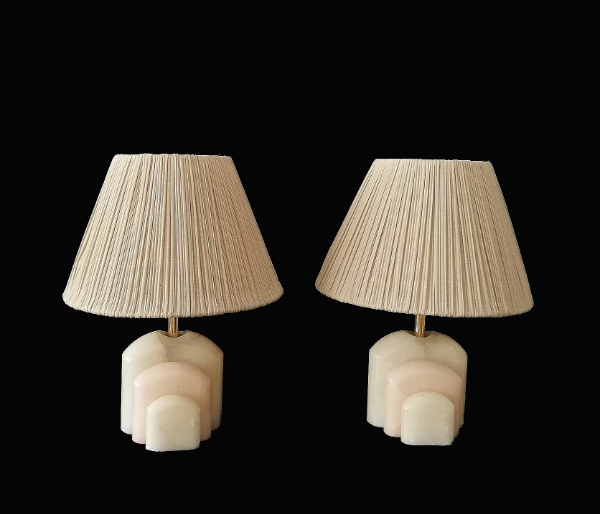 Pair of Art Deco marble alabaster pleated shade table lamps vintage