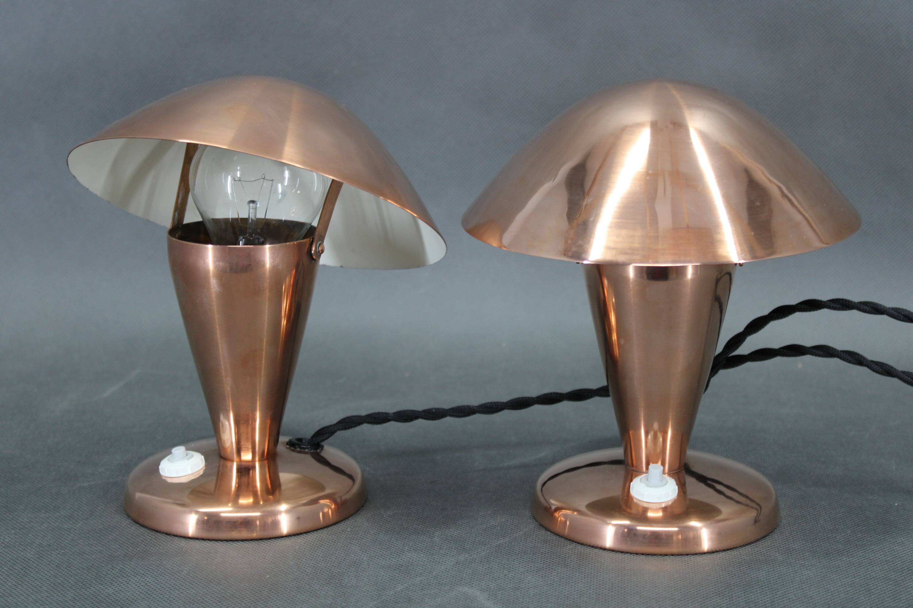 1930s Pair of Bauhaus Mushroom Table Lamps in Copper Finish, Czechoslovakia