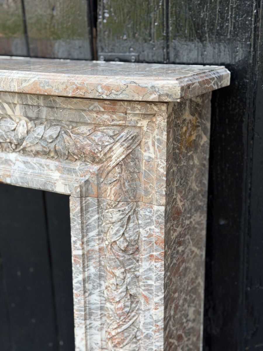 Louis XVI style fireplace in grey Ardennes marble, circa 1900.