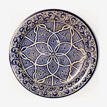 Old Moroccan dish in blue enamelled terracotta