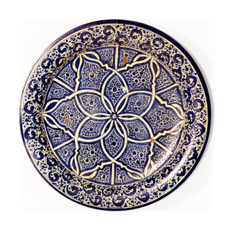 Old Moroccan dish in blue enamelled terracotta