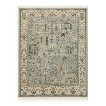 Tapis de salon en laine Oushak moderne, tapis à motifs floraux en vert sauge noué à la main.