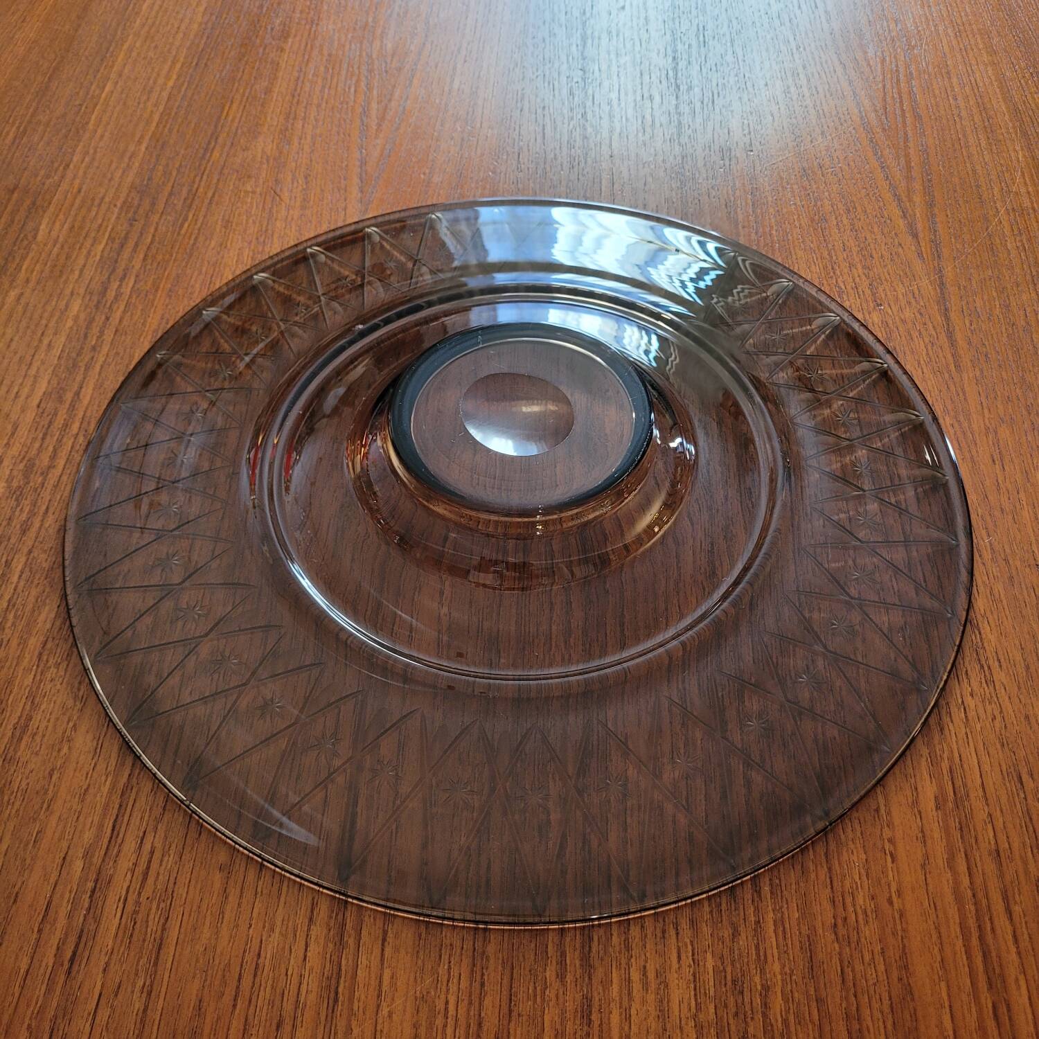 Large smoked glass bowl with star engraving – 1950s