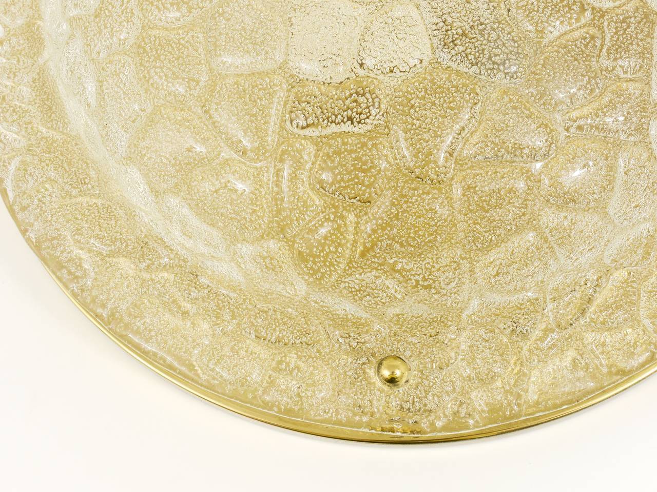 Large Hillebrand ceiling light in textured bubble glass and brass, Germany, 1970s.