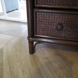 Vintage-commode 3 tioirs -bois bambou et rotin tressé - années 80