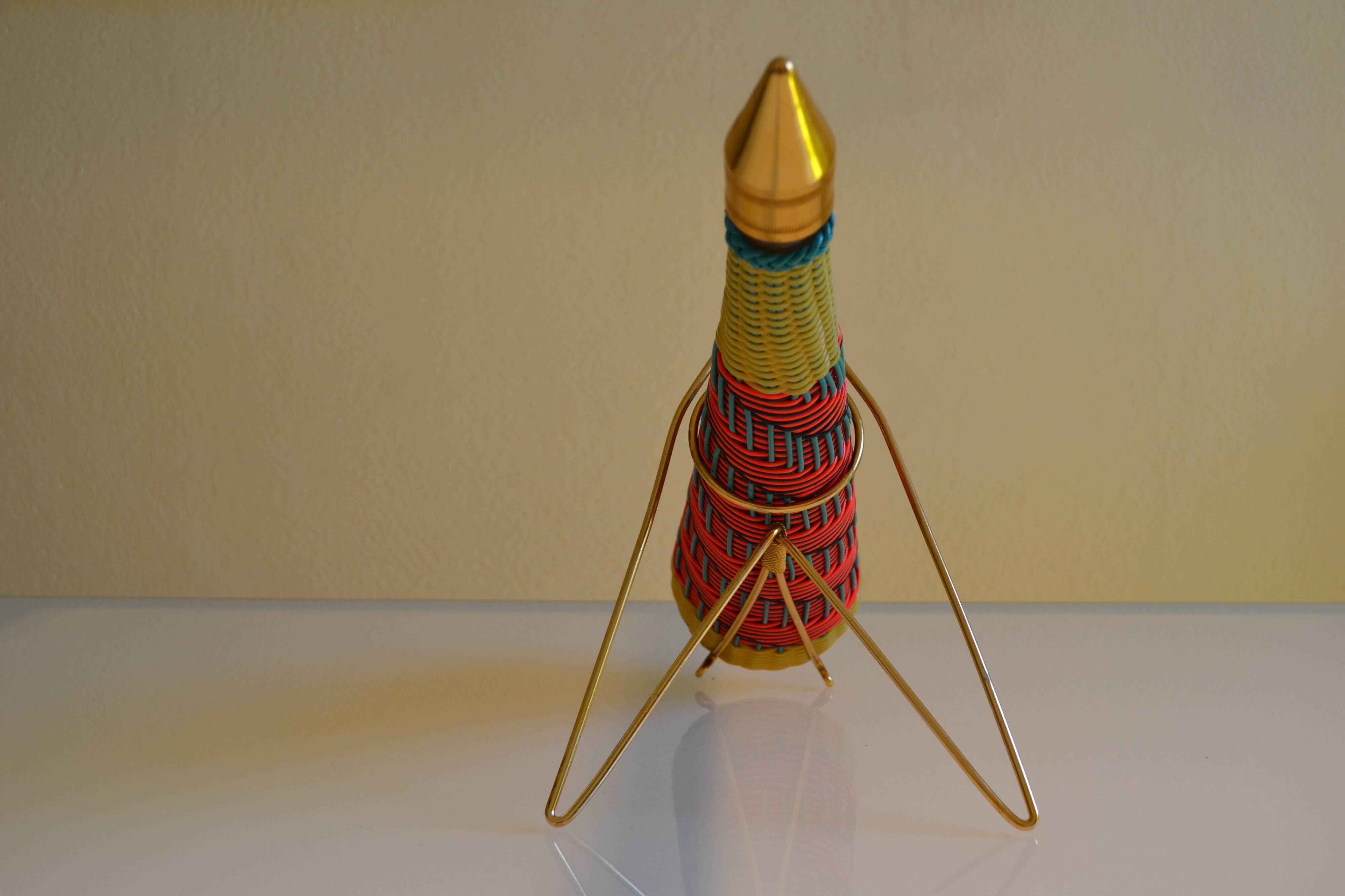 Scoubidou bottle or carafe and its Spoutnik Rocket support Space Age