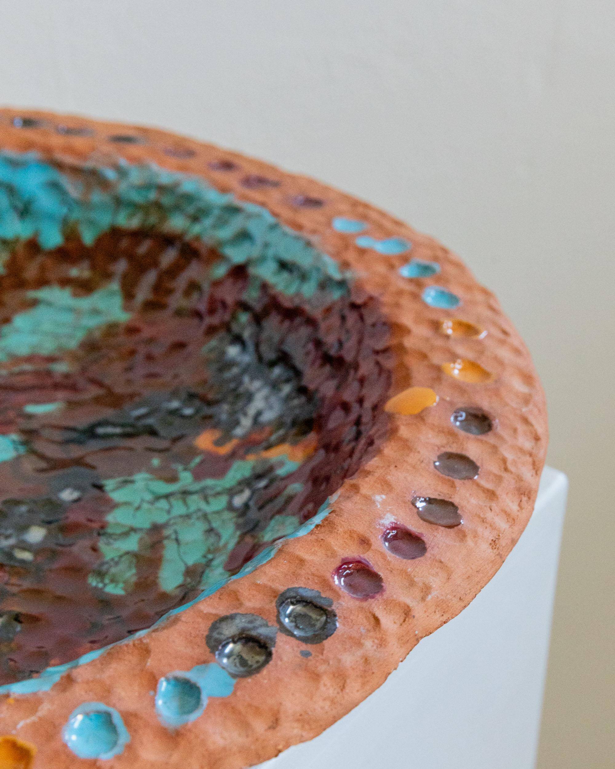 Vintage 1970s ceramic workshop bowl, naive handcrafted shape with coloured glaze, terracotta fruit bowl or wall plate, elegant gift idea.