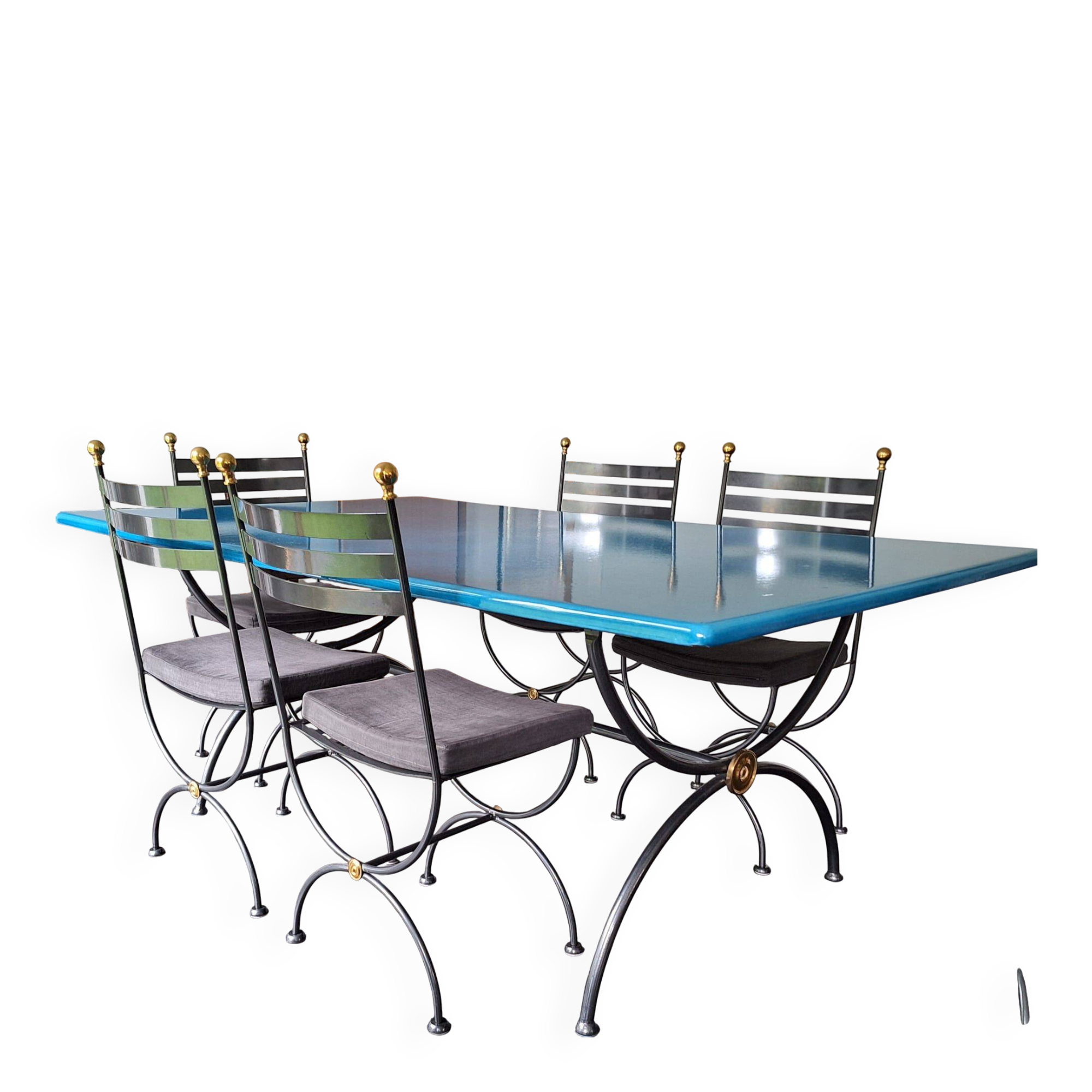 Blue glazed lava stone table and its 6 chairs.